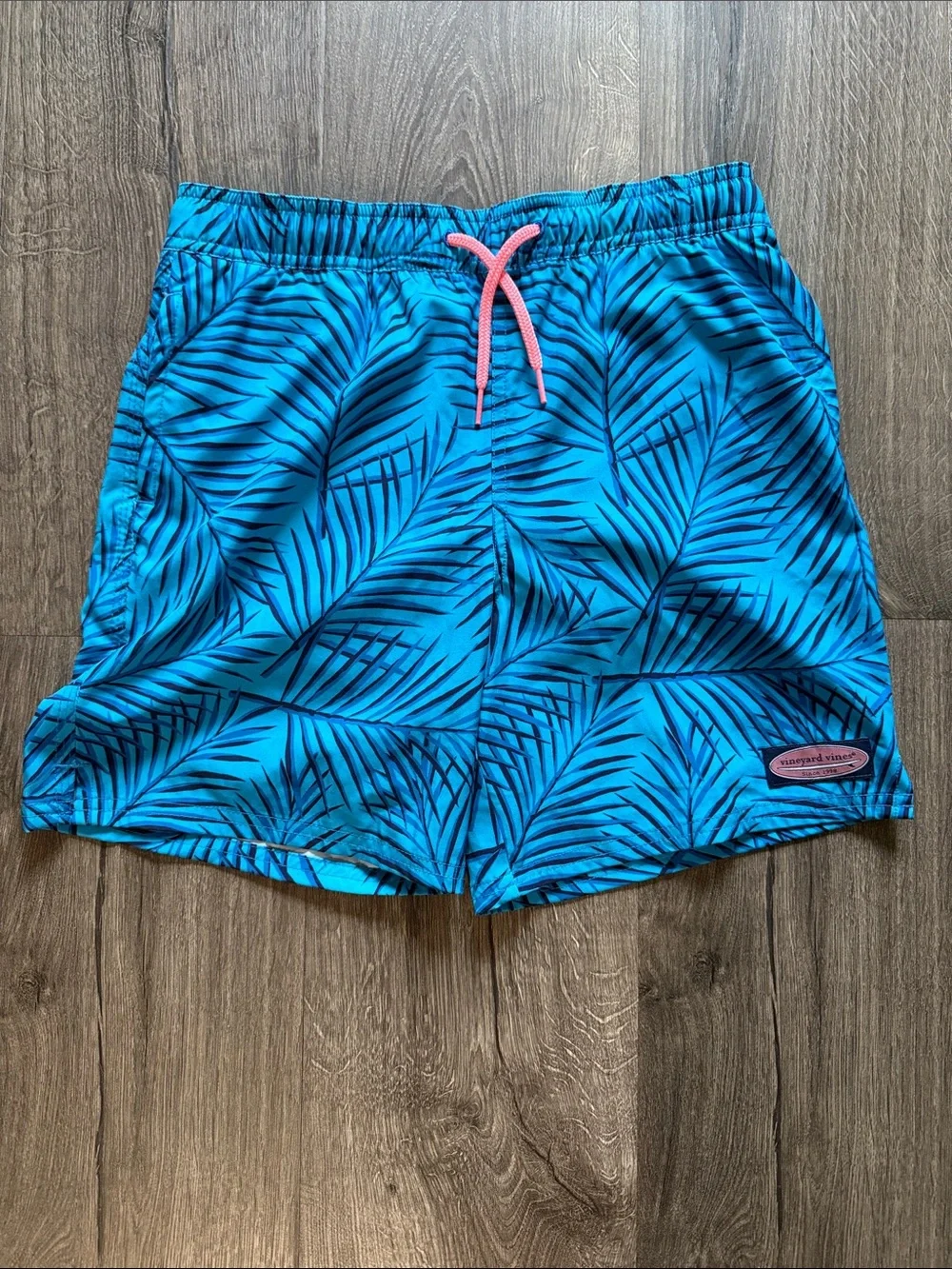 Vineyard Vines Bright Teal Swim Trunks with Pink Drawcord